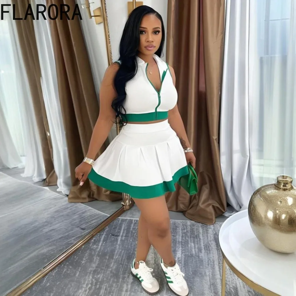 

FLARORA Elegant Street 2 Pcs Sets Woman Sleeveless V Neck Zip Crop Tank Tops And Pleated Skirts Outfits Sweet Female Tracksuits