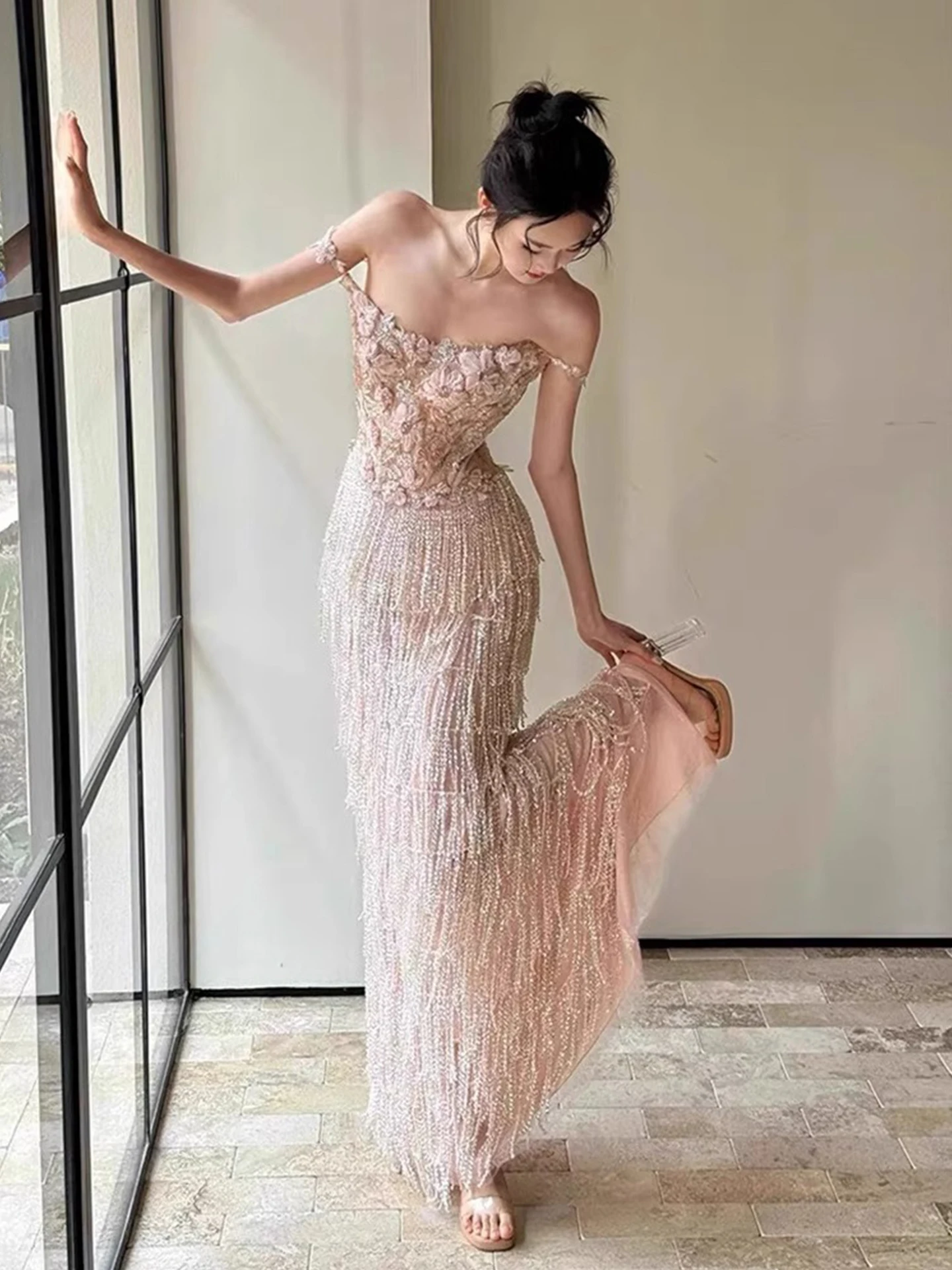 

Heavy Embellished Morning Robe Wedding Dress Evening Gown for Women Pearl Embellished mid Waist Long Skirt Korean Style