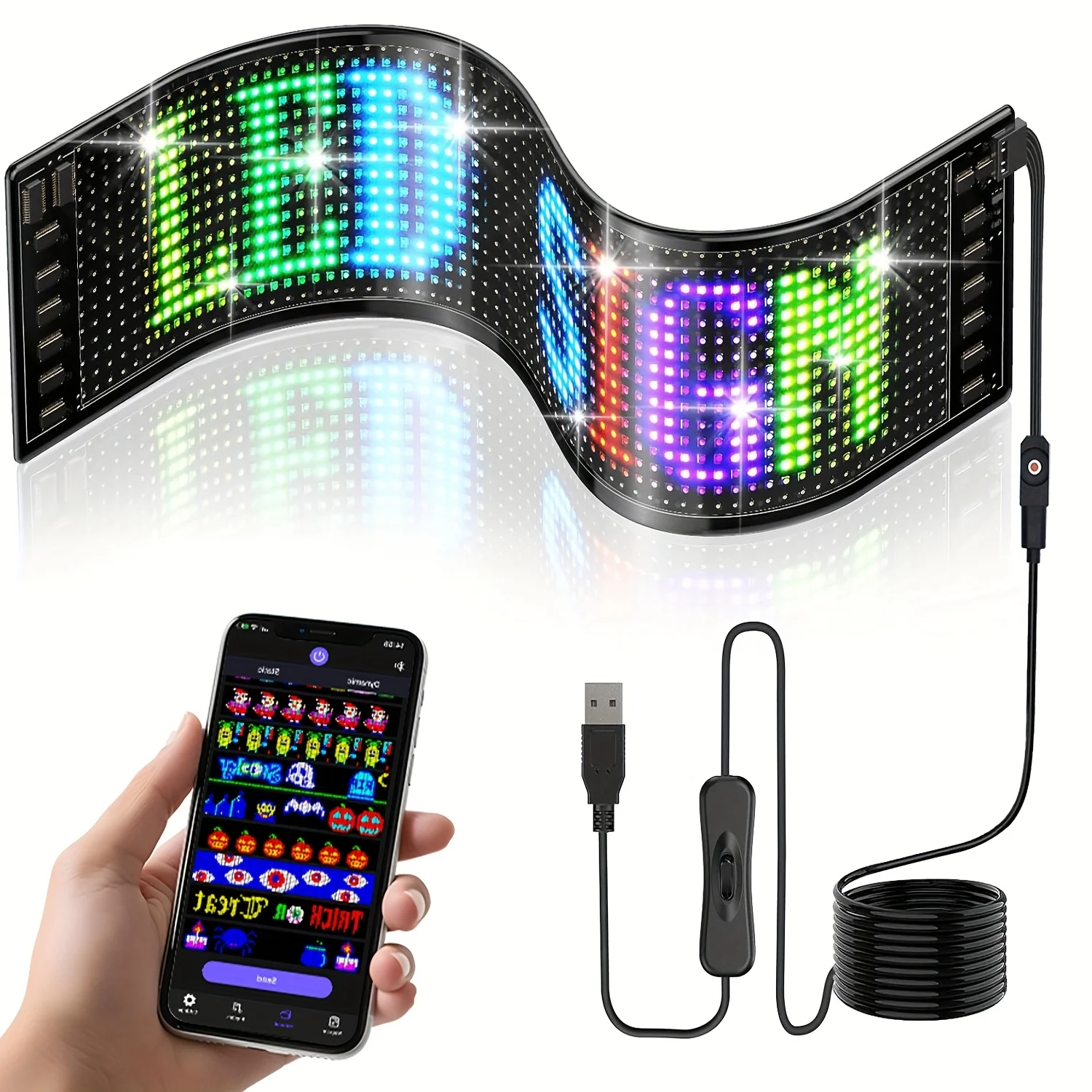LED 플렉시블 스크린 스크롤링 광고 LED 간판 USB 5V 블루투스 앱 제어 프로그래밍 가능 텍스트 패턴 시계 LED 자동차 간판