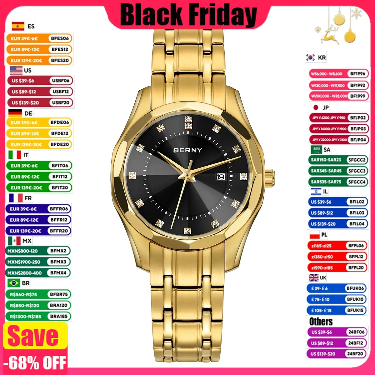 BERNY Watch for Women Wristwatch Waterproof Golden Clock Quartz Stainless Steel Fashion Men Ladies Watch