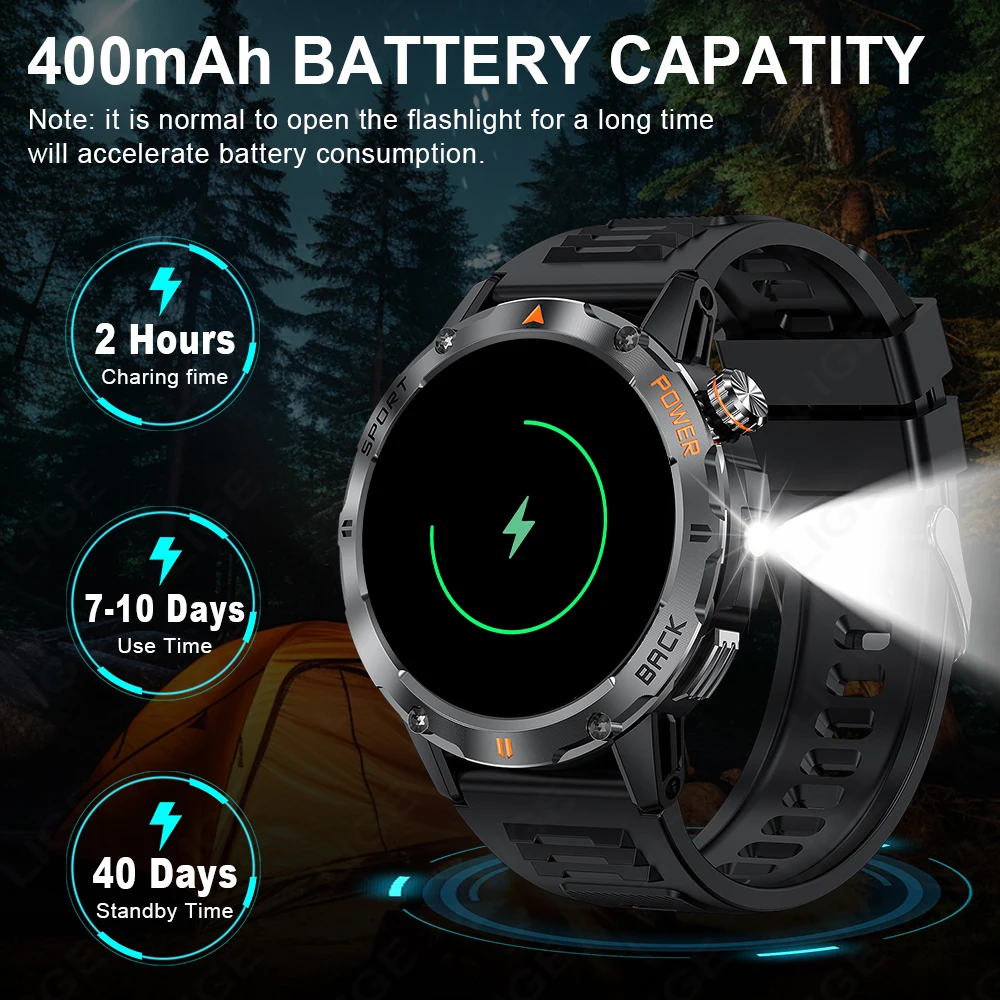 LIGE New Compass Outdoor Smart Watch Men Flashlight 400 mAh Large Battery Bluetooth Call Watches Health Sport Fitness Smartwatch image 6