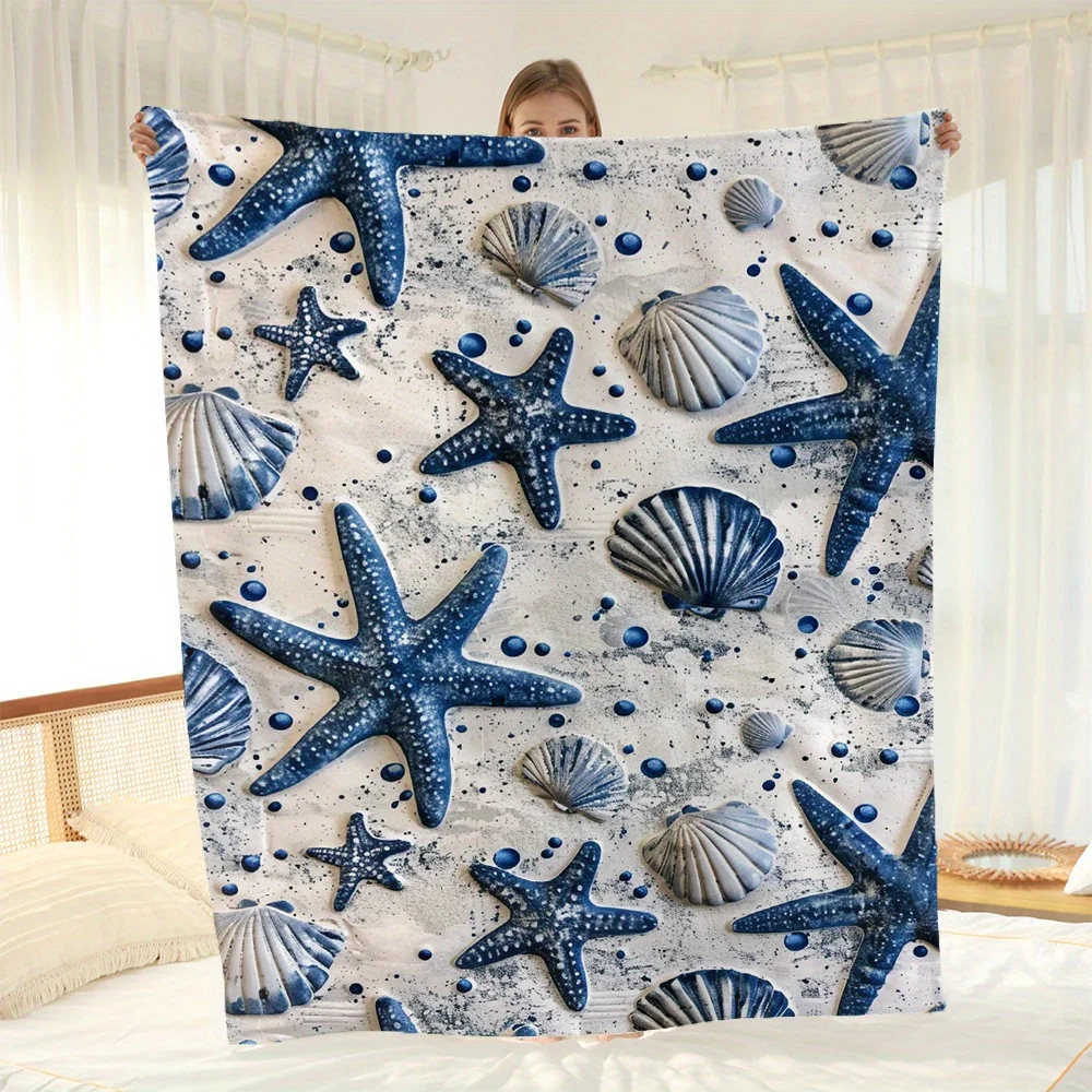 Coastal Shell Series Flannel Fleece Throw Blanket – Nautical Starfish & Seashell Pattern – Soft,All-Season Cover for Sofa, Couch