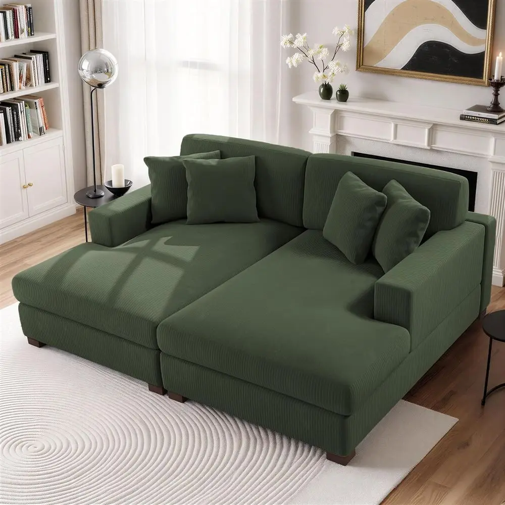 

Oversized 84 Double Chaise Lounge Indoor, Corduroy Upholstered, Green Sofa Sleeper for Living Room, Bedroom Reading Seating