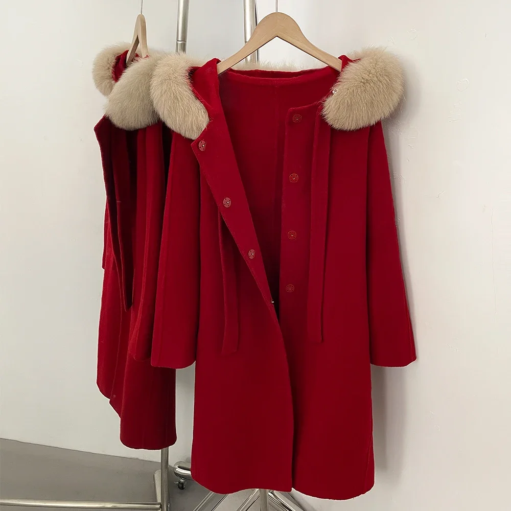 OFTBUY Neue Herbst-Winter-Kollektion: Natürlicher Pelz, 100% Wollkleidung, Langer Mantel mit Kapuze und Echtfuchspelzkragen, Eleganter Doppelseitiger Wollmantel für Damen – Detail 7