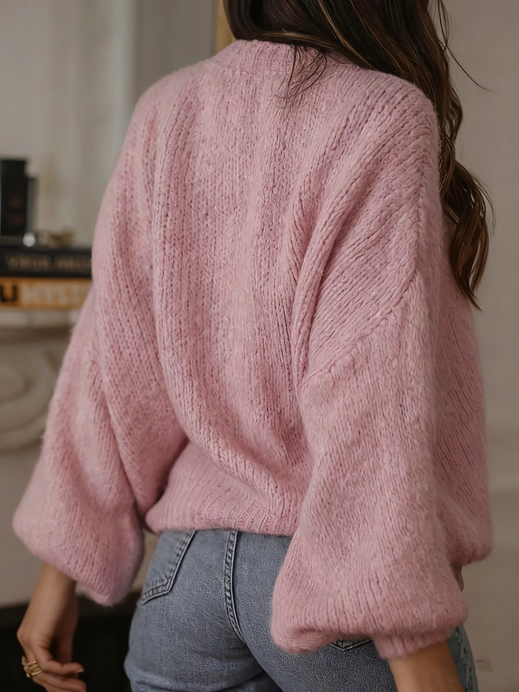 Gebreide damestrui in Europese en Amerikaanse stijl, effen kleur, eenvoudige, losse trui met ronde hals