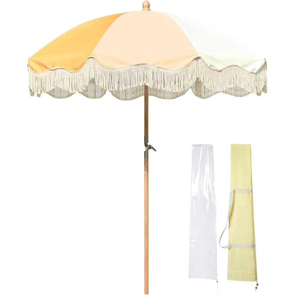

Fringe Patio Umbrella with Carry Bag & Cover Vintage Wood for Event Outdoor Garden Yard Wedding Bistro Table
