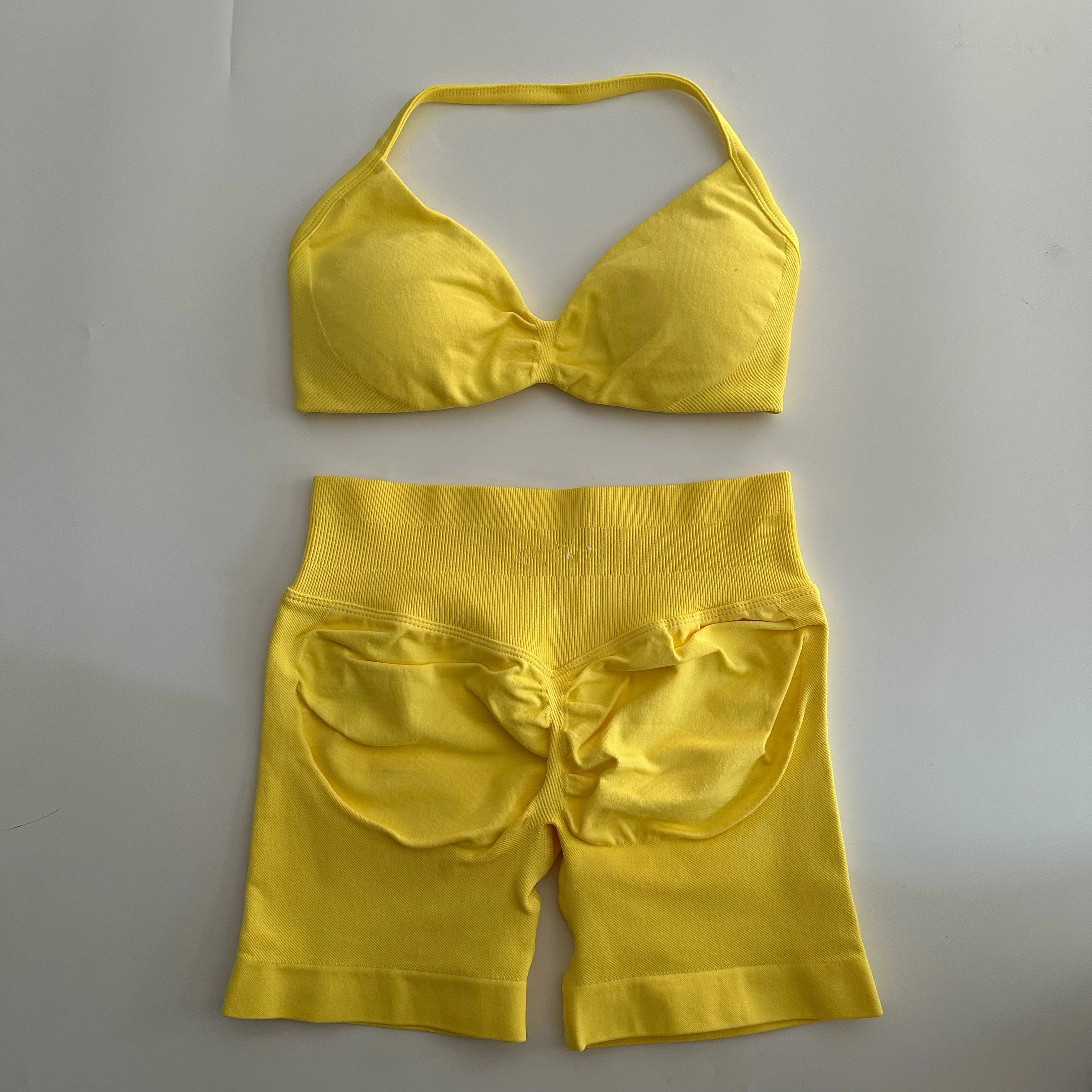 No Logo 2PCS Gym Set Women Strappy Yoga Bra Top High Waist Workout Scrunch Shorts Sports Suit Seamless Yoga Set Fitness Clothes image 6