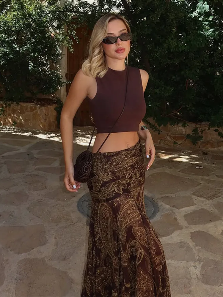 تنورة طويلة مثيرة مطبوعة بطيات للنساء فضفاضة على شكل حرف a عالية الخصر فساتين الحفلات النسائية موضة صيف 2025 رداء سهرة للسيدات