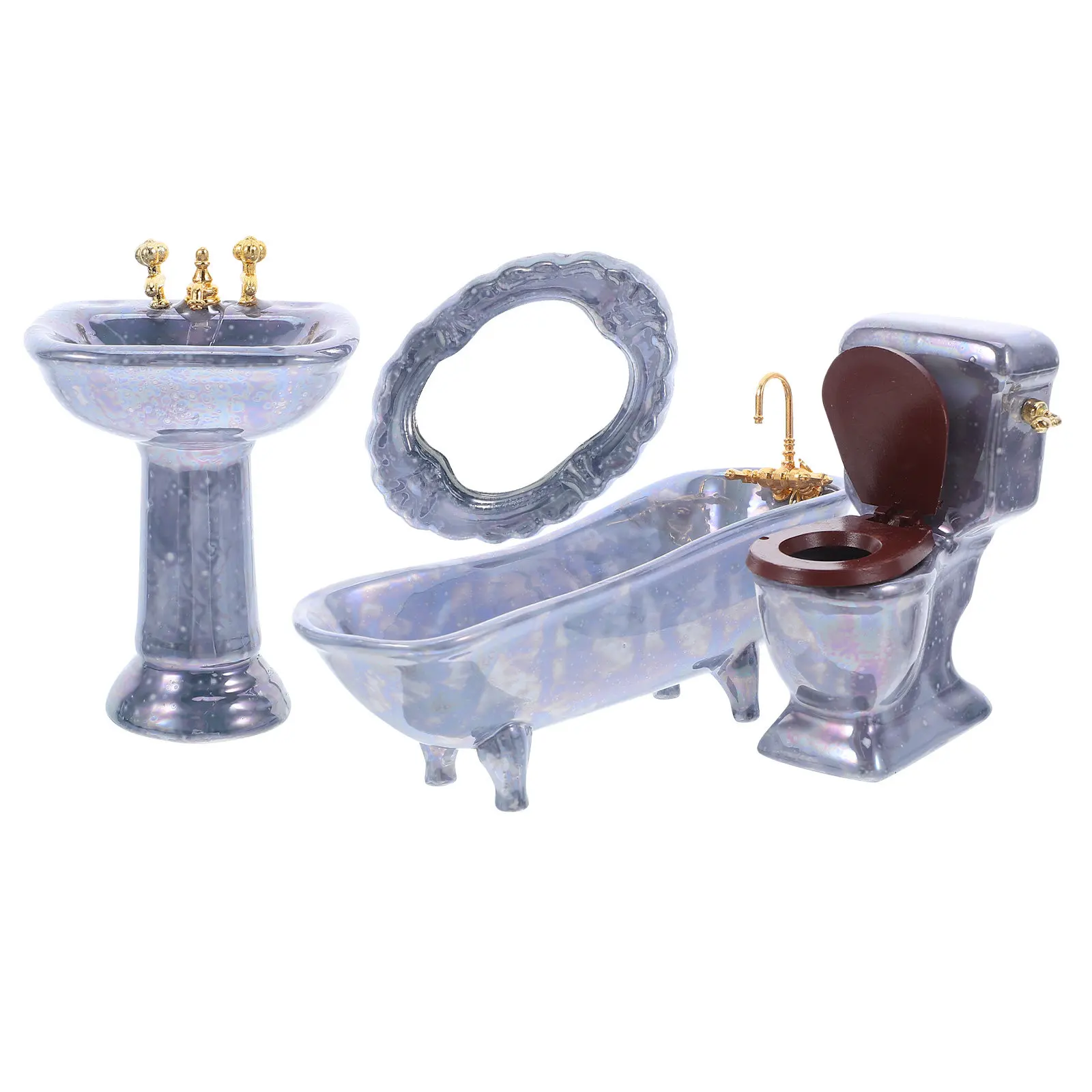 

Набор миниатюрных декоративных элементов для ванной комнаты: реалистичные фарфоровые ванна, унитаз, раковина, зеркало. Набор аксессуаров для миниатюрного домика.