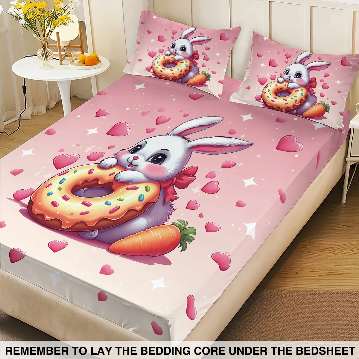 3 قطع من ملاءات السرير بدون شرائح مطبوعة على شكل أرنب لطيف، متعددة الحجم، غطاء سرير ناعم لغرفة النوم، قابل للغسل في الغسالة