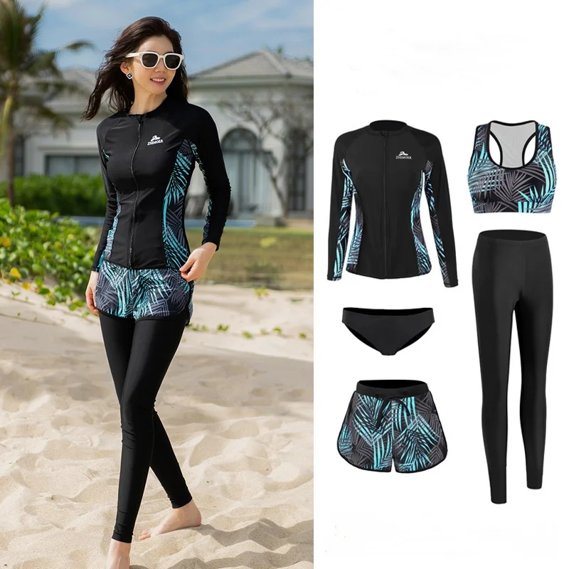 Women s Long Sleeve Zip Rash Guards With Swimsuit Beach Bikini And Leggings Swimwear Beachwear Tights