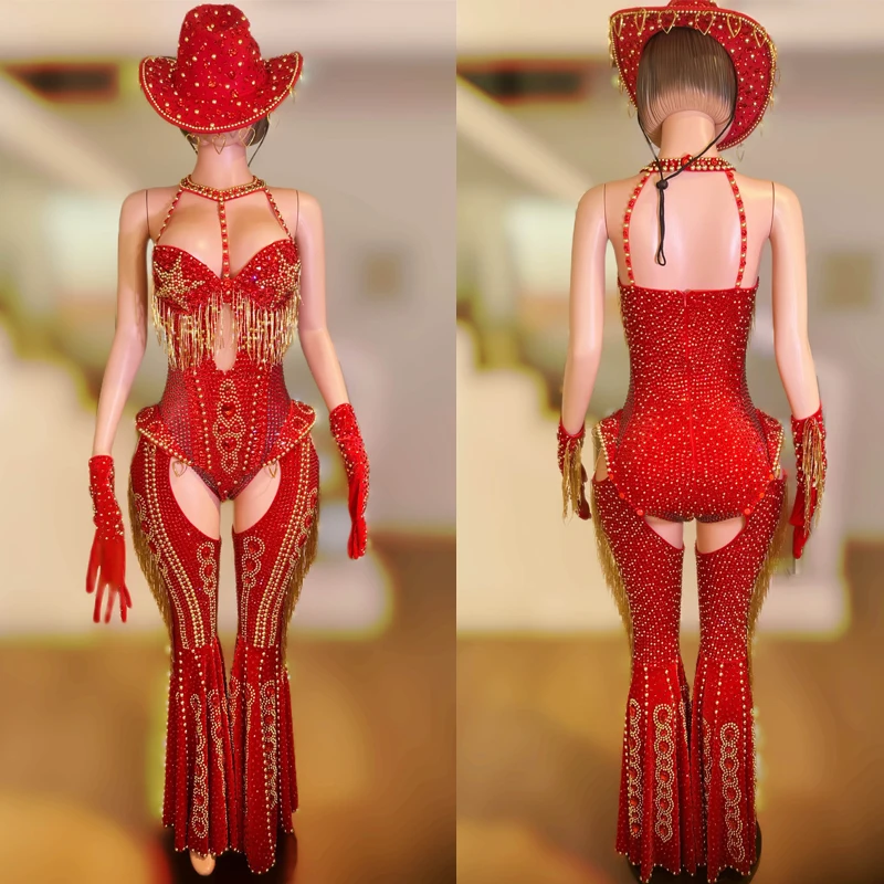 2025 Red Rhinestones Bodysuit Hollow Legs Cover Hat Women Sexy Pole Dance Outfit Christmas Gogo Dancer Costume Stage Wear XS8857