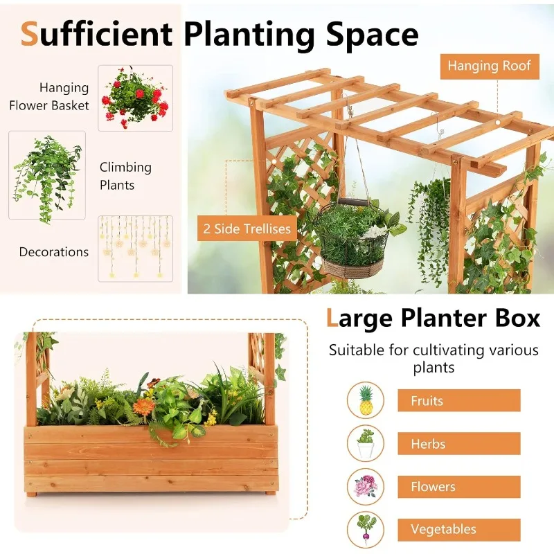 Raised Garden Bed with Arch Trellis, Wood Planter Box with Hanging Roof, Side Trellis, 4 Drainage Holes, Above Ground E