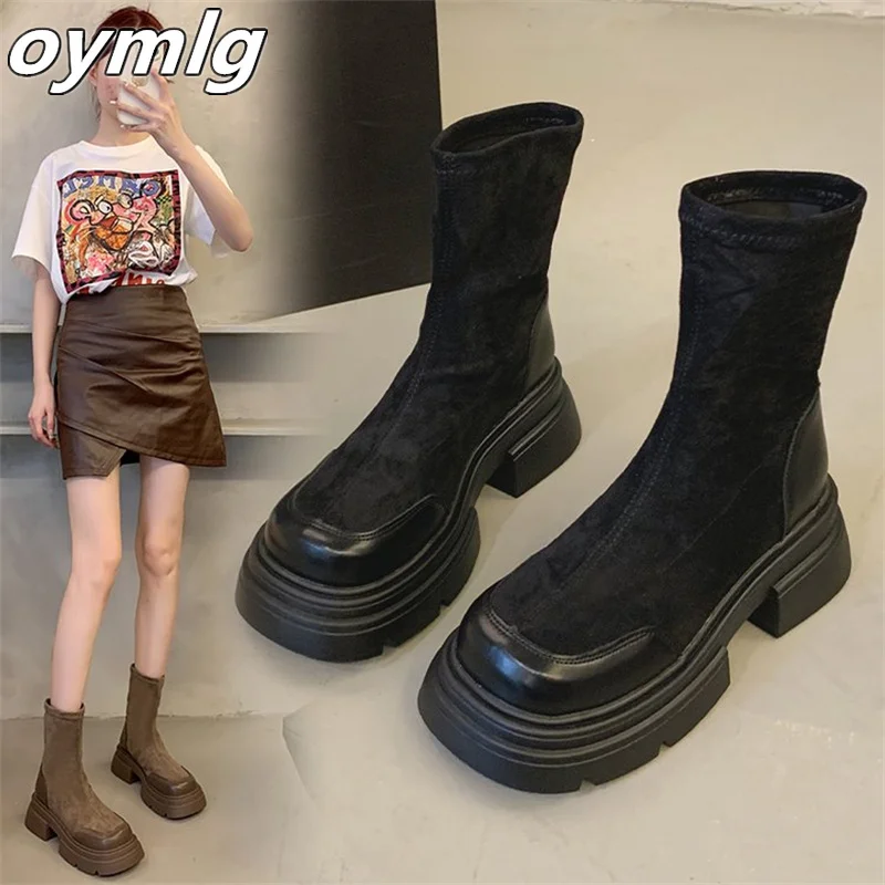 

Small Knight Boots Show Thin Elastic Thick Heels High Heels Square Head Below Knee High Sleeve Boots Large Sleeve Circumference