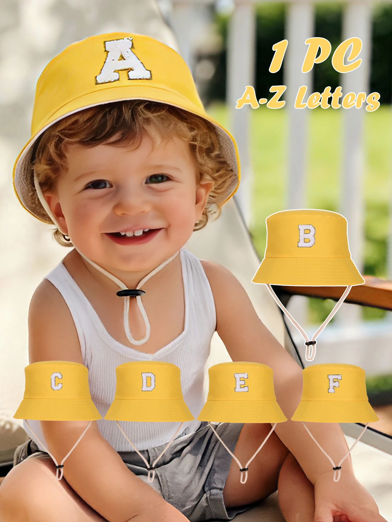 

1 шт. желтая детская панамка с принтом 26 букв, с регулируемым шнурком, в повседневном стиле, подходит для улицы, для малышей