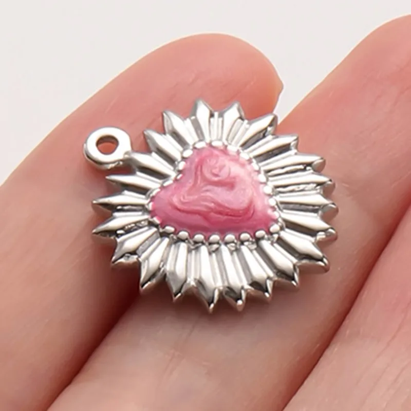 2 Stück Perlmuttrosa/Hot Pink Emaille-Anhänger mit heiligem Herz für Schmuckherstellung, Flammen-Liebes-Anhänger, handgefertigte Halskette, Geschenk – Detail 11