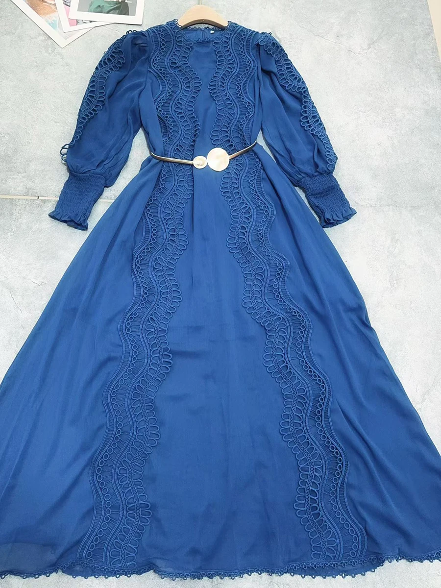 Sukienka damska VGH Solid Gentel Style, patchworkowa, z metalowymi szarfami, dekolt okrągły, rękawy typu lampion, prześwitująca koronka, elegancka, długa, nowa.