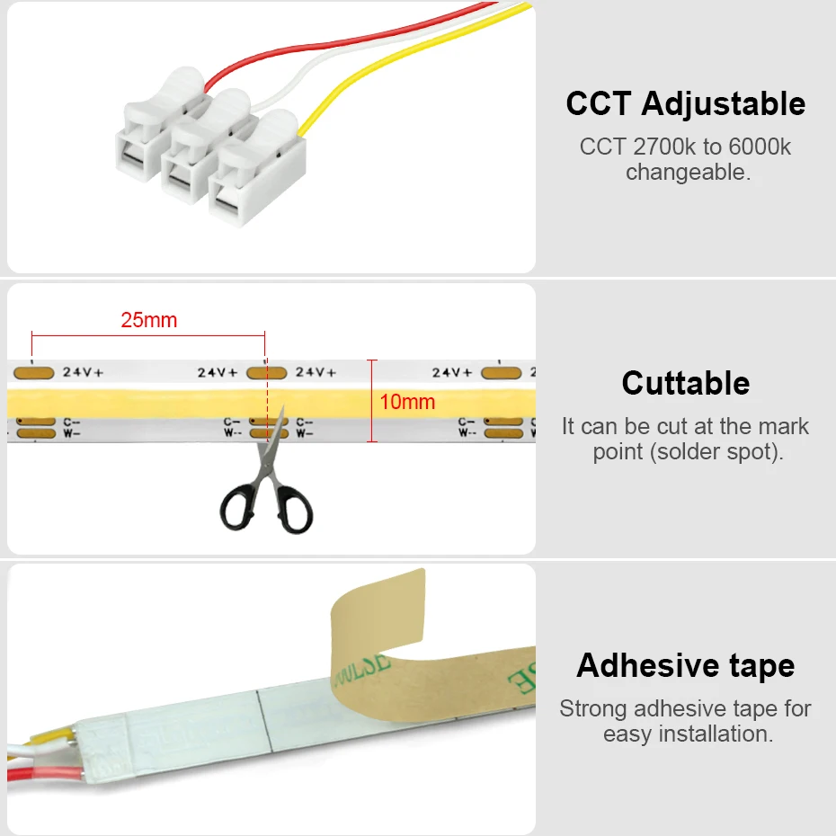 Ccct cob-ストリップライト560LEDs/m,フレキシブル,高密度,DC24V 2700k〜6000k,寝室用調光可能リボン