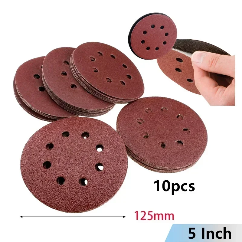 Discos de lixa Hook Loop, Lixa Pads Set, Polimento De Madeira, 8 Buracos, 40-2000 #, 125mm, 5 ", 10Pcs