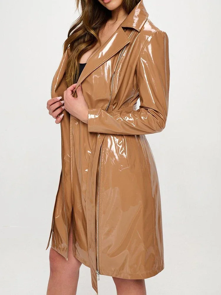 Women Shiny Patent Leather Trench Coat With Belt Pocket Ladies Zip Open Long Sleeve PU Overcoat Fashion Casual New Hot Custom