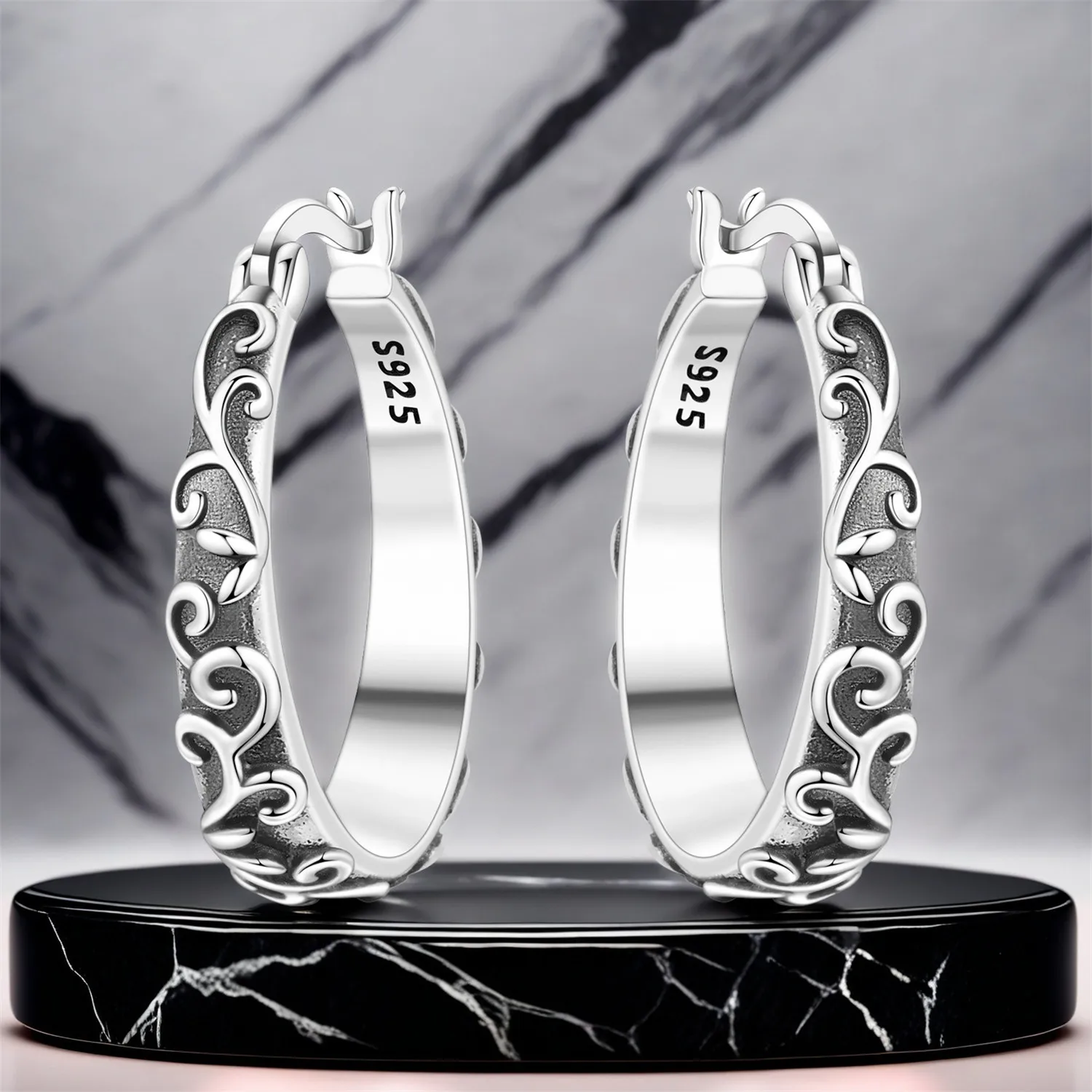 Cycuff الأصلي 925 فضة نحت خمر العنب كرمة أقراط النساء هوب القرط الذكرى مجوهرات هدايا العصرية #3