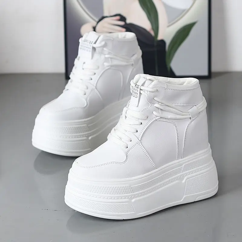 

Autumn Women's Super High Heel 13cm Hidden Elevator Thick Sole Platform White Sneakers for Petite Girls Casual High Top Shoes