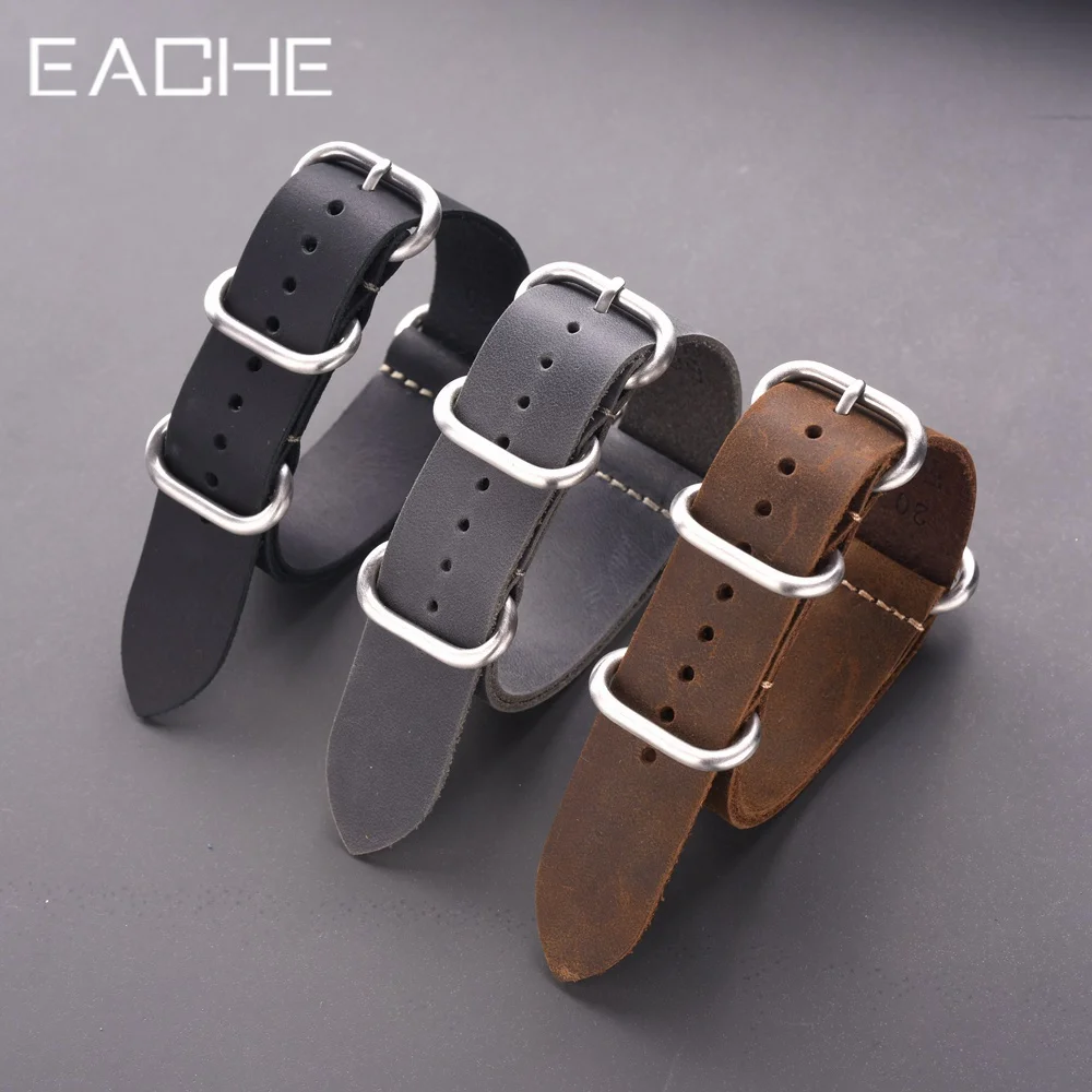 EACHE One Piece Round Rings Crazy Horse Leather Retro Watchbands Watch Straps Bands 18mm 20mm 22mm