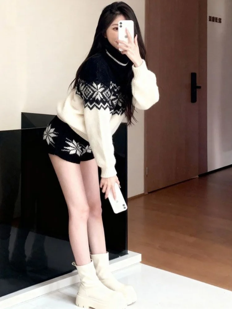 2026 New 2PCS Women's Fair Isle Snowflake Knit Set Preppy Style Turtleneck Sweater and Shorts Elegant Autumn Winter Outfits