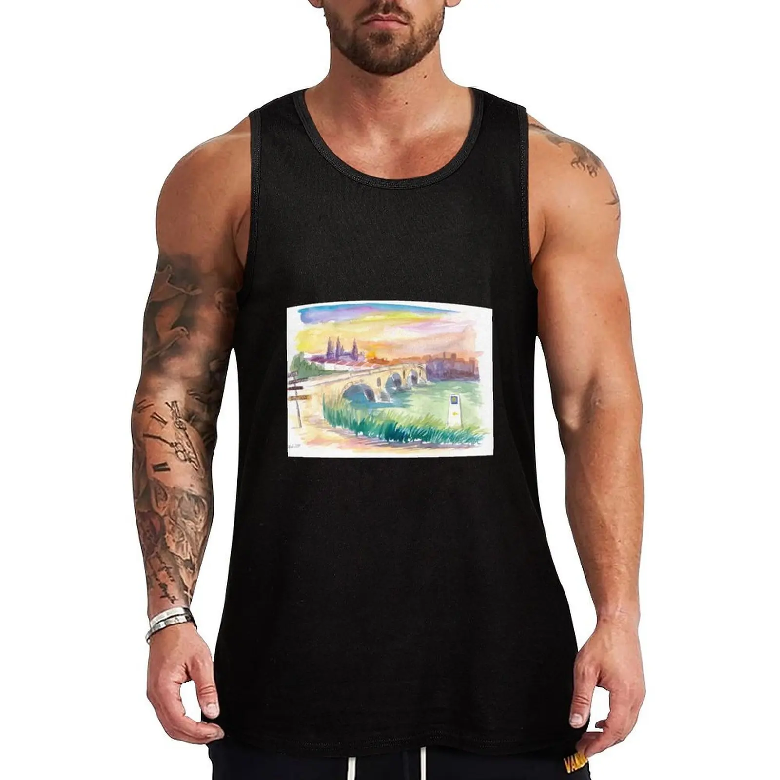 

Camino To Santiago Puente de La Reina With Signpost Tank Top sleeveless Men's t-shirts sleeveless men clothes