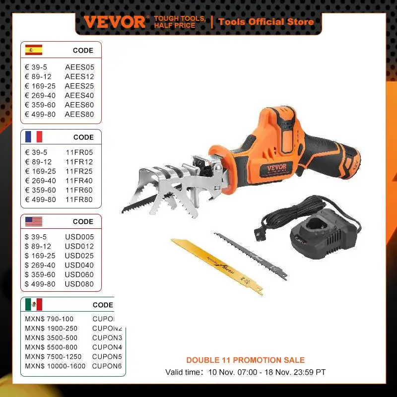 VEVOR 0-2700RPM Cordless Reciprocating Saw Variable Speed 0.8in Stroke Fast Cutting 12V 45 Mins Fast Wireless Charging