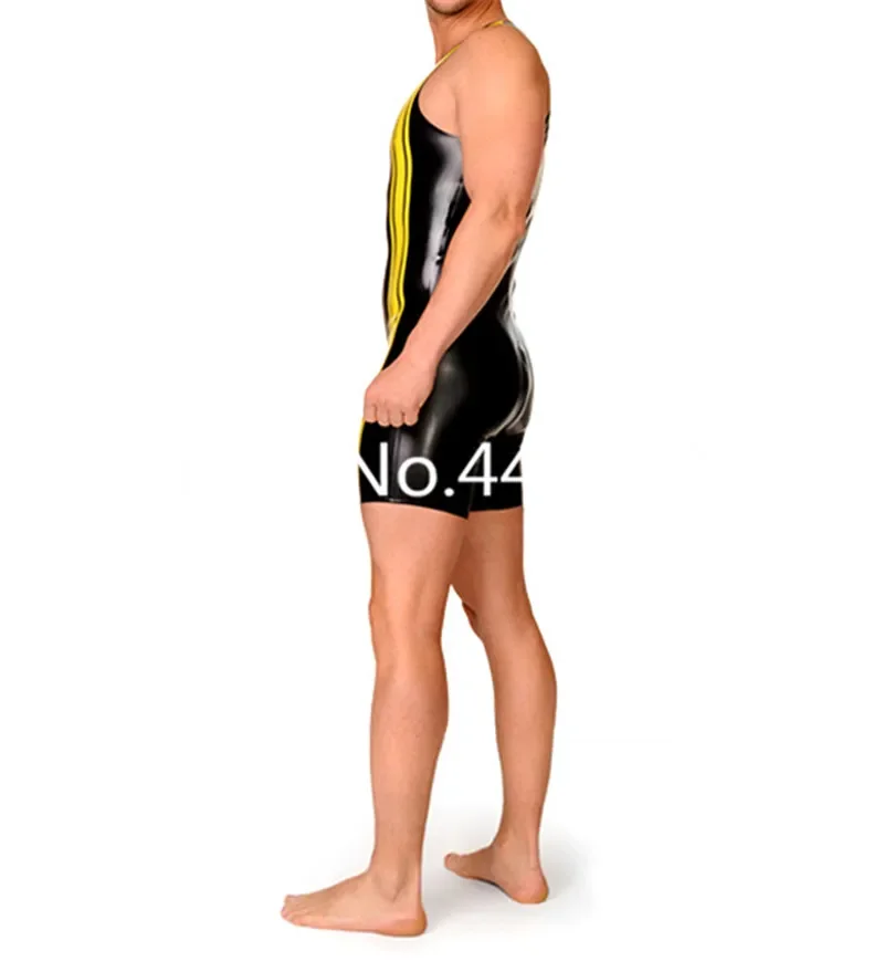 Males' Latex Vest Tracking Suit Black Yellow Rubber Swimsuit with Front Zip for Man XS-XXXL