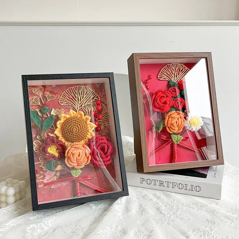 Sinicism Creative Hand-crochet Wool Simulation Sunflower/rose Picture Frame Eternal Bouquet Wedding Festival Gift