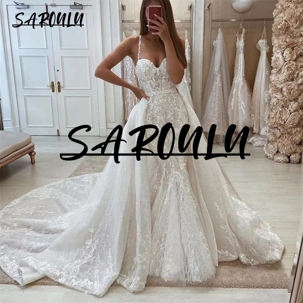 

Lace Long Wedding Dress With Spaghetti Straps Detachable Train 2 in 1 Sweetheart Mermaid Bridal Gown Customized Bride Dresses