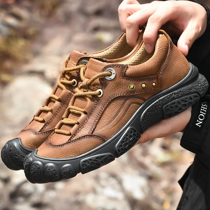 Golden Sapling Genuine Leather Shoes Men Outdoor Trekking Men\'s Casual Shoes Mountain Footwear Leisure Flats Platform Work Flat