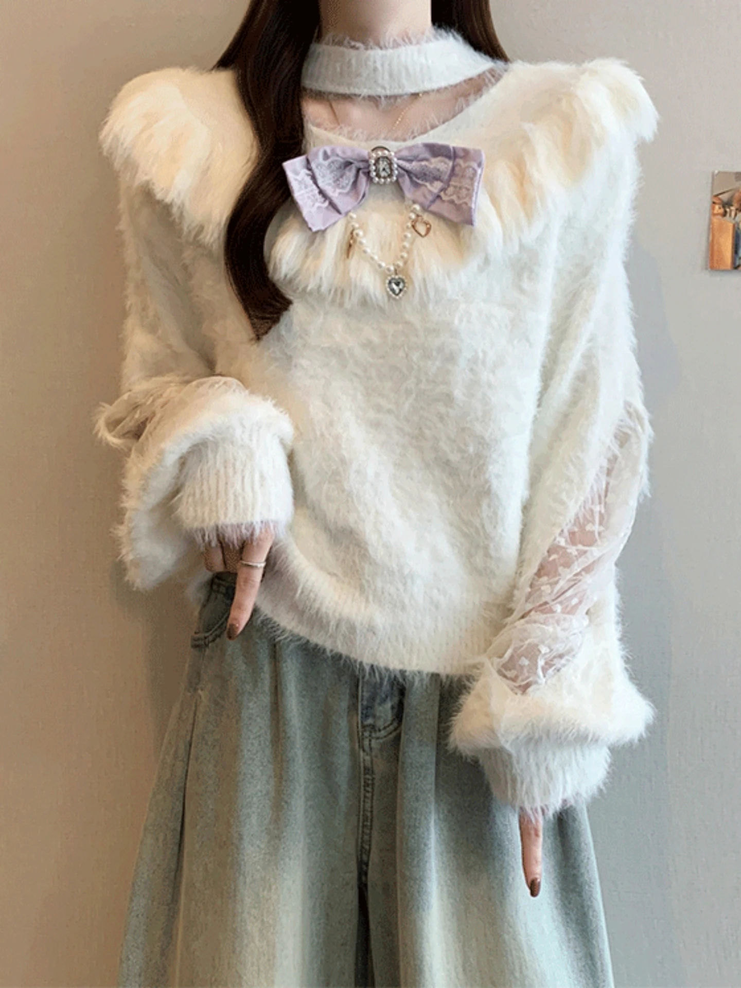

plus Size Women's Short Knitted Sweater Mink Velvet Splicing Design Comfortable Korean Style Long Sleeve round Neck Top