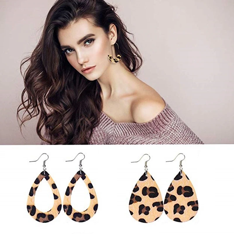 10 Pcs Leopard Jewelry Set For Women Leopard Earrings Leopard Leather Bracelet Acrylic Hoop Drop Dangle Earrings Long Tassel Leo