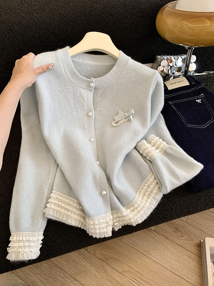 

Свитер с французским стилем и кружевом и грибком, женский осенний свитер с объемным бантом, милый вязаный свитер