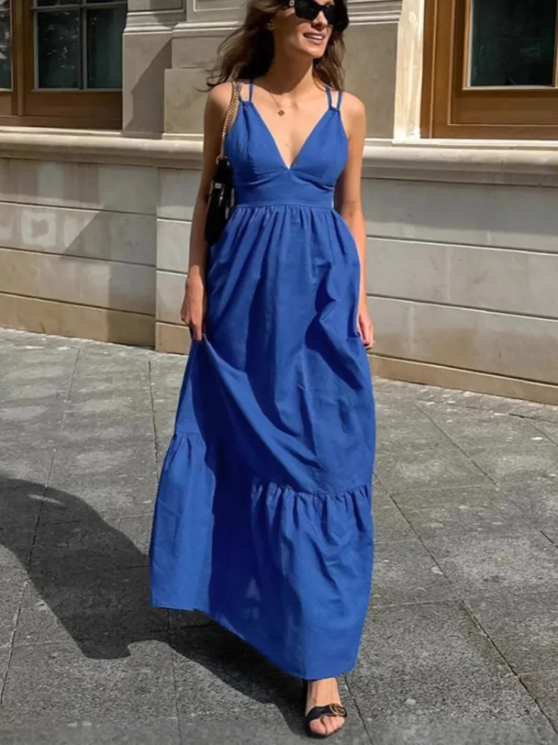 

2025 Summer Fashionable Women Blue Long Dress V-Neck Sleeveless Backless Camisole Loose A-line Dress Casual Elegant Female Wear