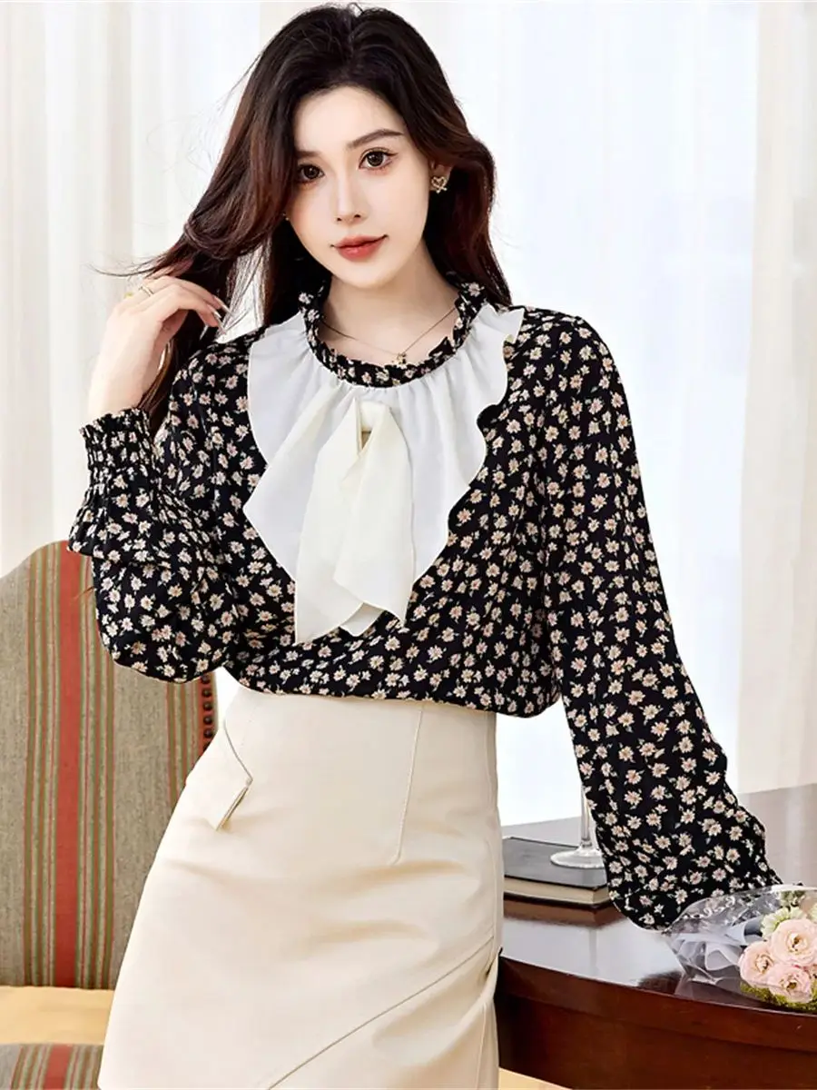 

Французская винтажная шифоновая блузка с длинными рукавами и цветочным принтом для женщин, осень 202, элегантная рубашка с рукавами-фонариками, топы с рюшами