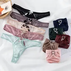 Sweet Love Heart Hollow Lace Thongs Women Girl Soft Seamless Underwear Low Waist Temptation Satin Panties Female Lingerie