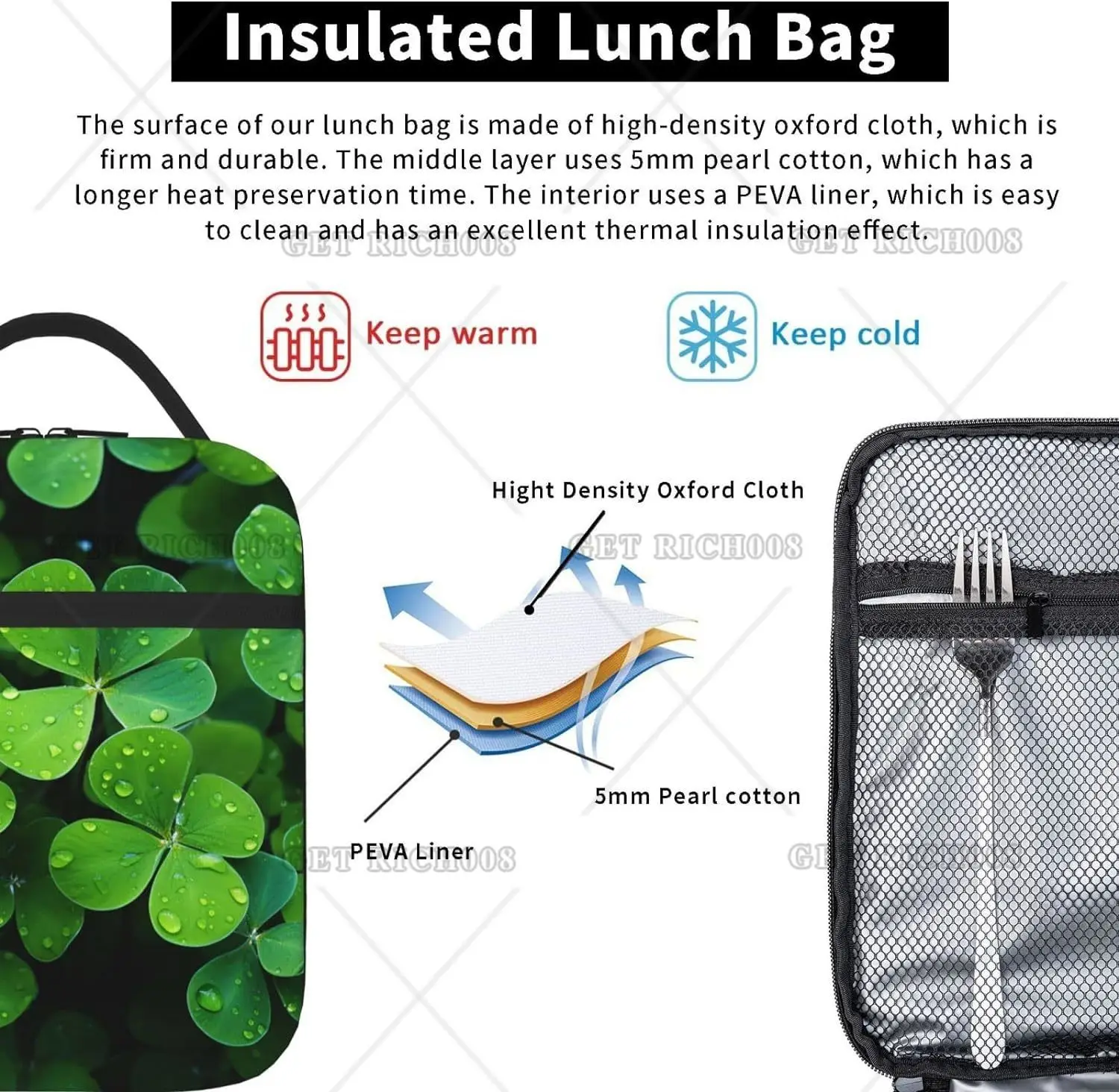 Bolsa de almoço isolada com trevos do dia de São Patrício 3D, muitos trevos verdes, lancheira para mulheres, sacolas de comida reutilizáveis