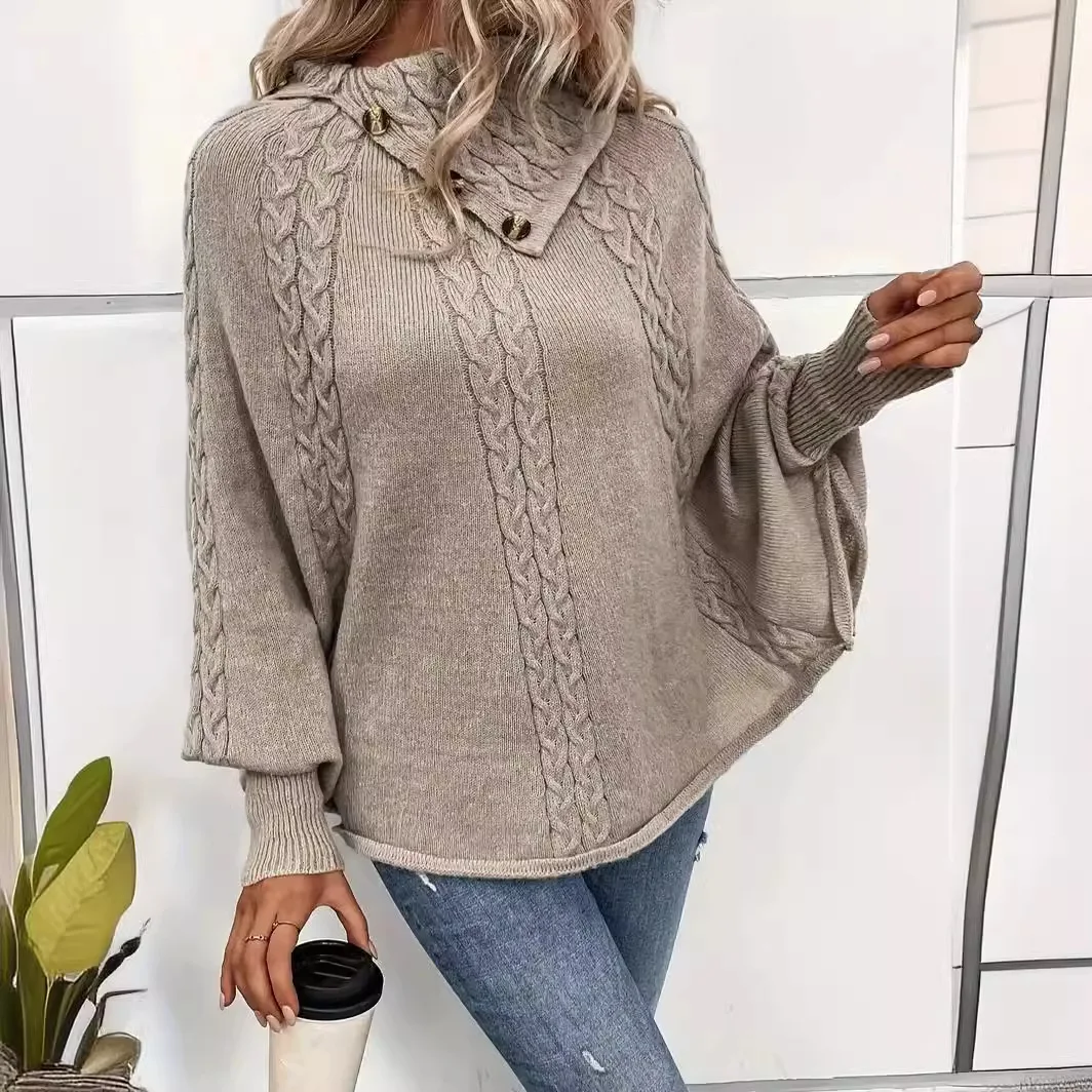 

Thick Cape Vintage Winter Women Knit Sweaters Full Sleeve Turtleneck Pullover Irregular Loose Jumpers Casual Solid Sweater