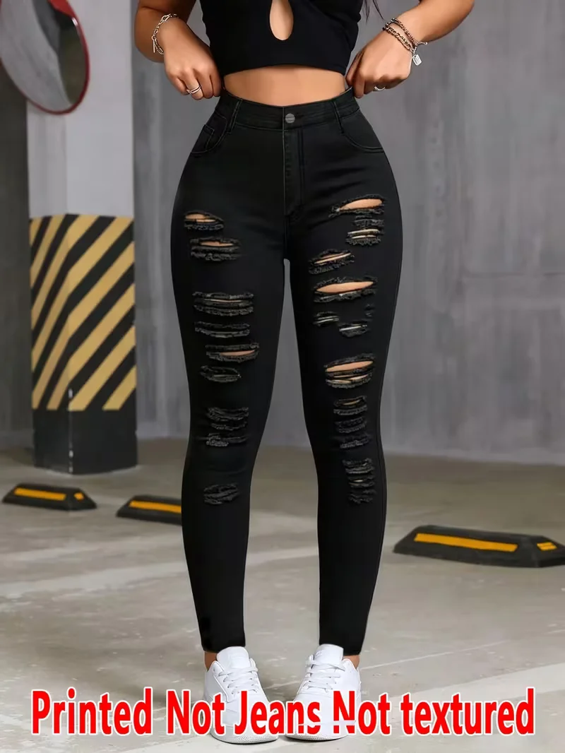 Women Printed Leggings Not Denim Fabric, Fake Pocket & Button Print Design Pants, High Elastic Fashion Slim Fit Skinny Casual