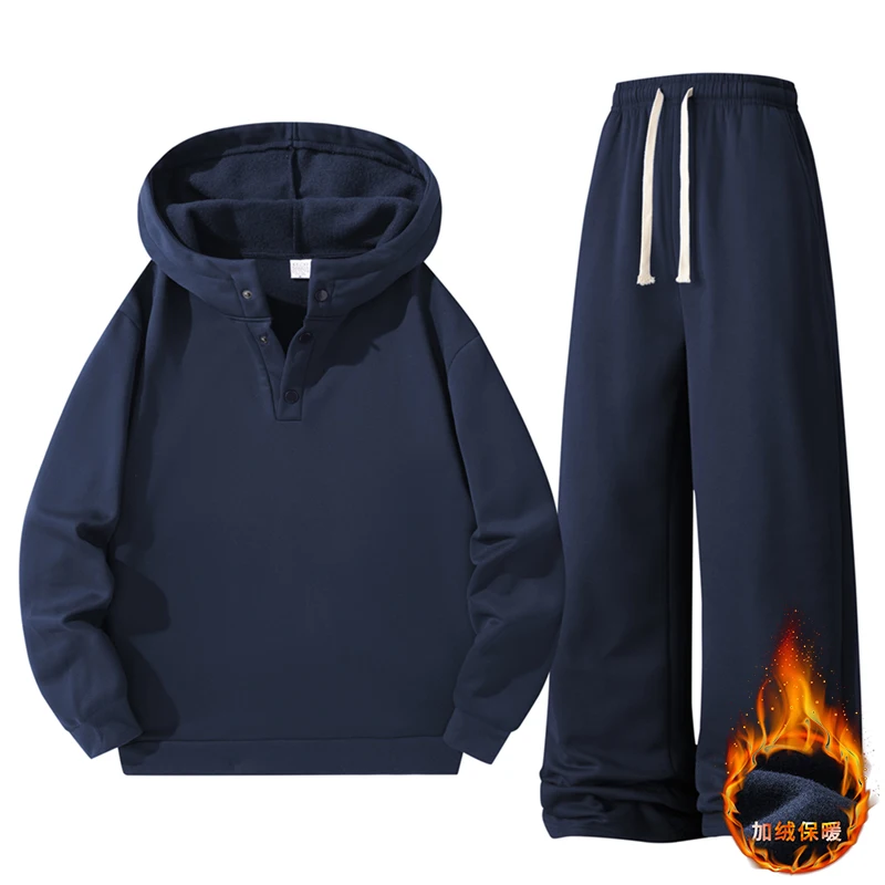 

Hooded Sweatshirt Two-piece Set, Loose Oversized Winter Plush Sets Men's Pure Cotton Sweatshirt Set Unisex Casual Sports Set,