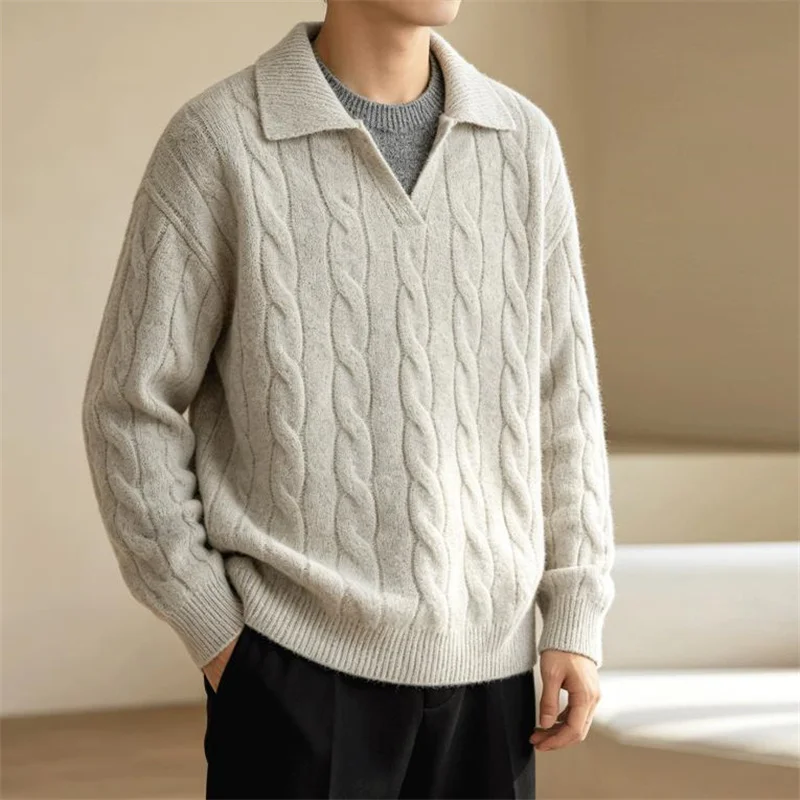Winter Men's Pullover Sweater Knitted Fashion Twill-knit Mock Two-piece Sweater Twisted Collar Outerwear Casual Knit Tops XXXL