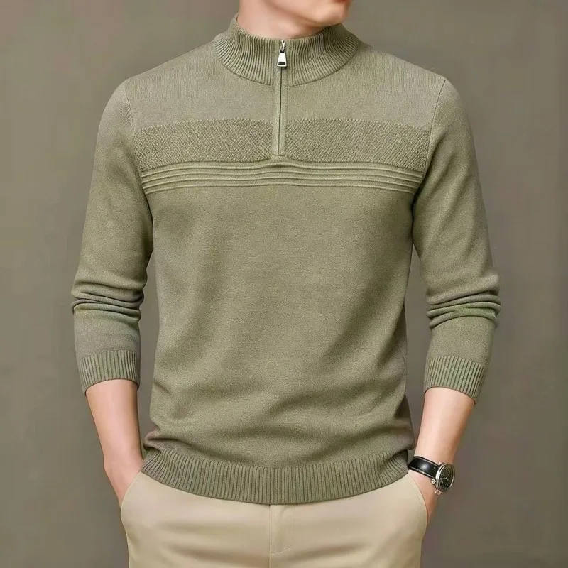 メンズクォータージップアップセーター、抗ピリング、ハーフハイカラーニットウェア、高品質ジャカード厚手セーター、肌に優しいメンズウェア