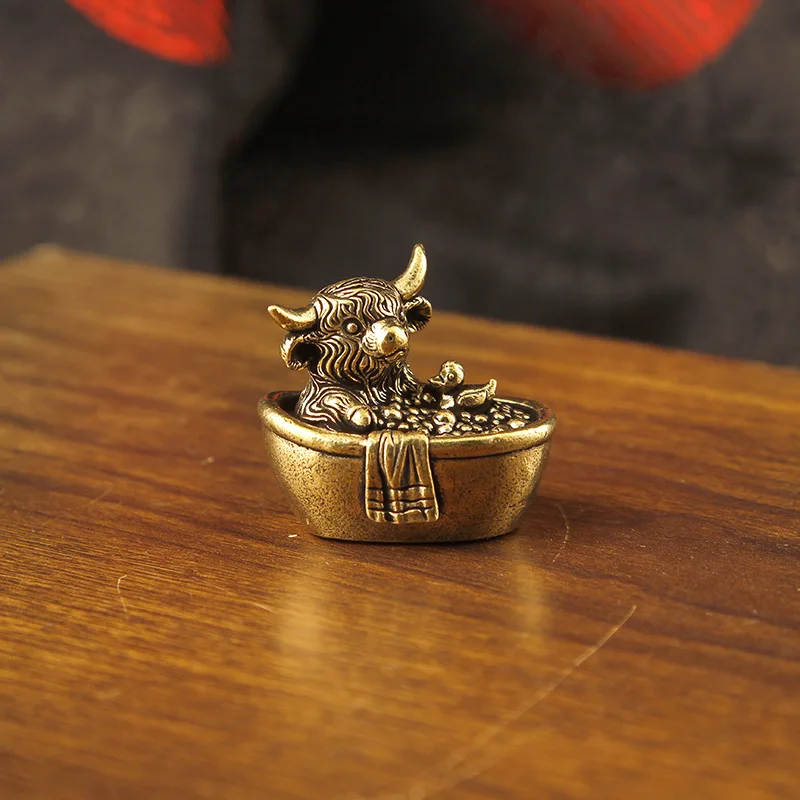 Brass Ox for Bathroom, Zodiac Ox Animal Figurine, Cartoon Ox Desktop Decoration