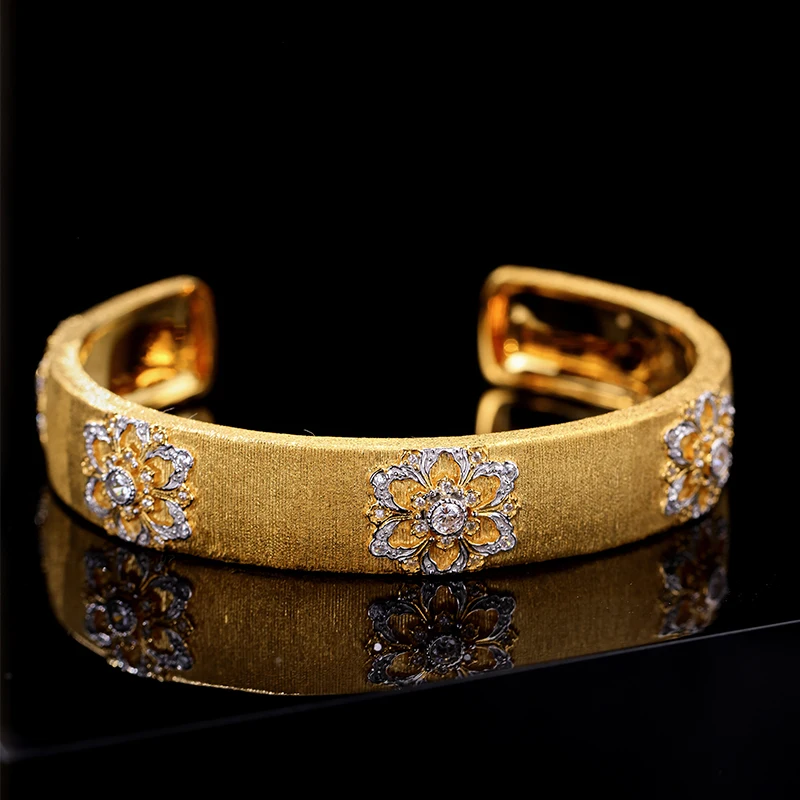 Solievo-S925 Silver and Gold-Plated Bracelet for Female, Floral Design, S925 Silver, Woven Carved Bracelet