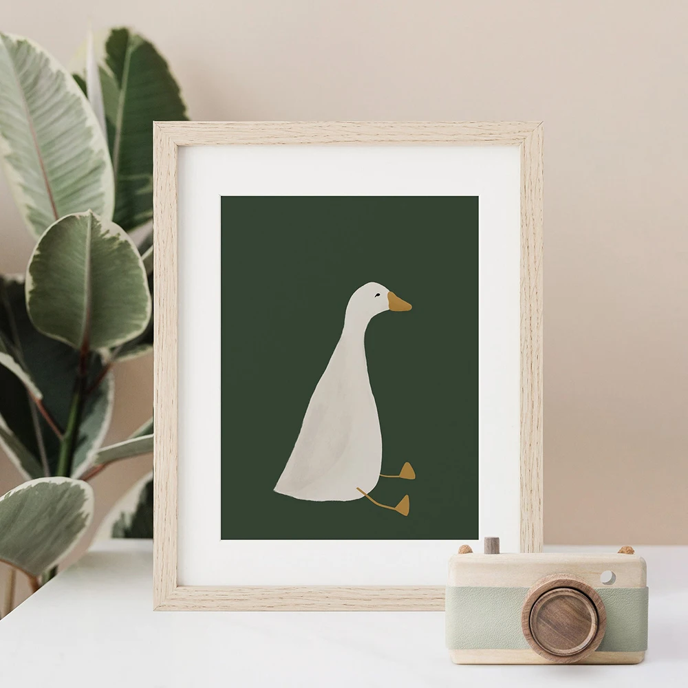 Silly Goose Wall Art Cute Goose Poster Dark Green Boy Nursery Decor Farm Animal Print Kid Room Illustration Decor Canvas Murals