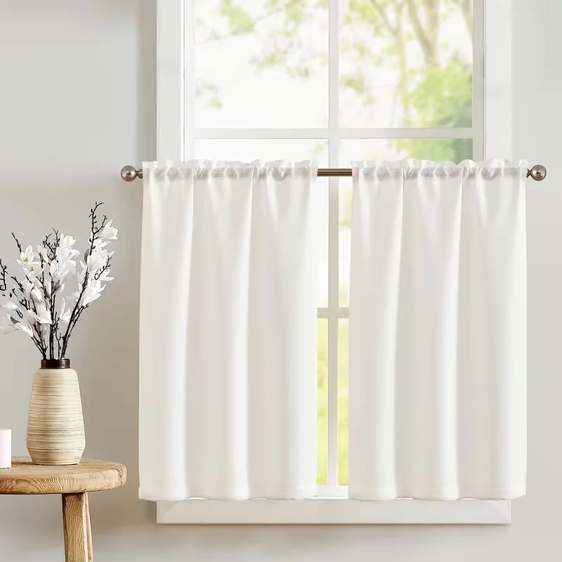 2PC  Solid Cream Blackout Half Curtain, Rod Pocket Pleated for Kitchen & Bathroom Narrow Windows